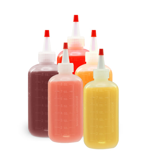 Lakeshore Trade 4 pack of 8oz (240mL) Plastic Boston Round Squeeze Bottles + Yorker Caps LDPE