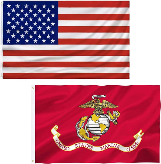 Lakeshore Trade Set of 2 US Marine Corps Flag 3x5 outdoor, American United States Military Flags & USA Banner for Outdoor Indoor Garage Room Wall (Marine Corps)