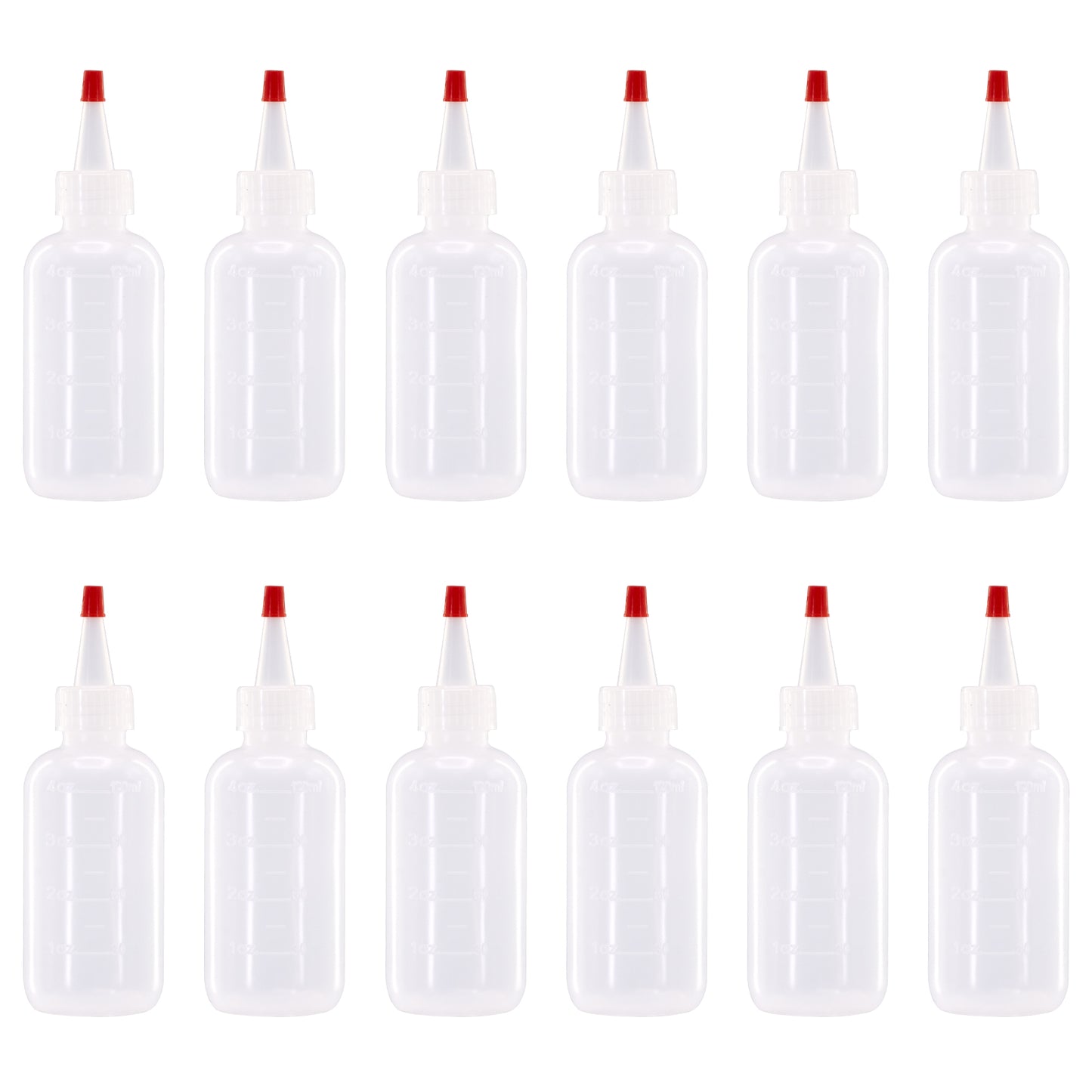 12 pack of 4oz (120mL) Plastic Boston Round Squeeze Bottles + Yorker Caps LDPE