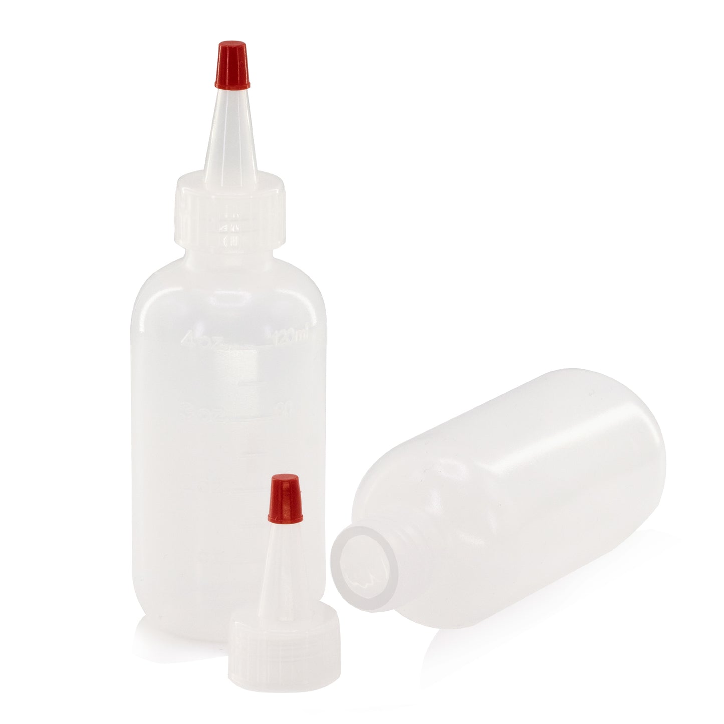 12 pack of 4oz (120mL) Plastic Boston Round Squeeze Bottles + Yorker Caps LDPE