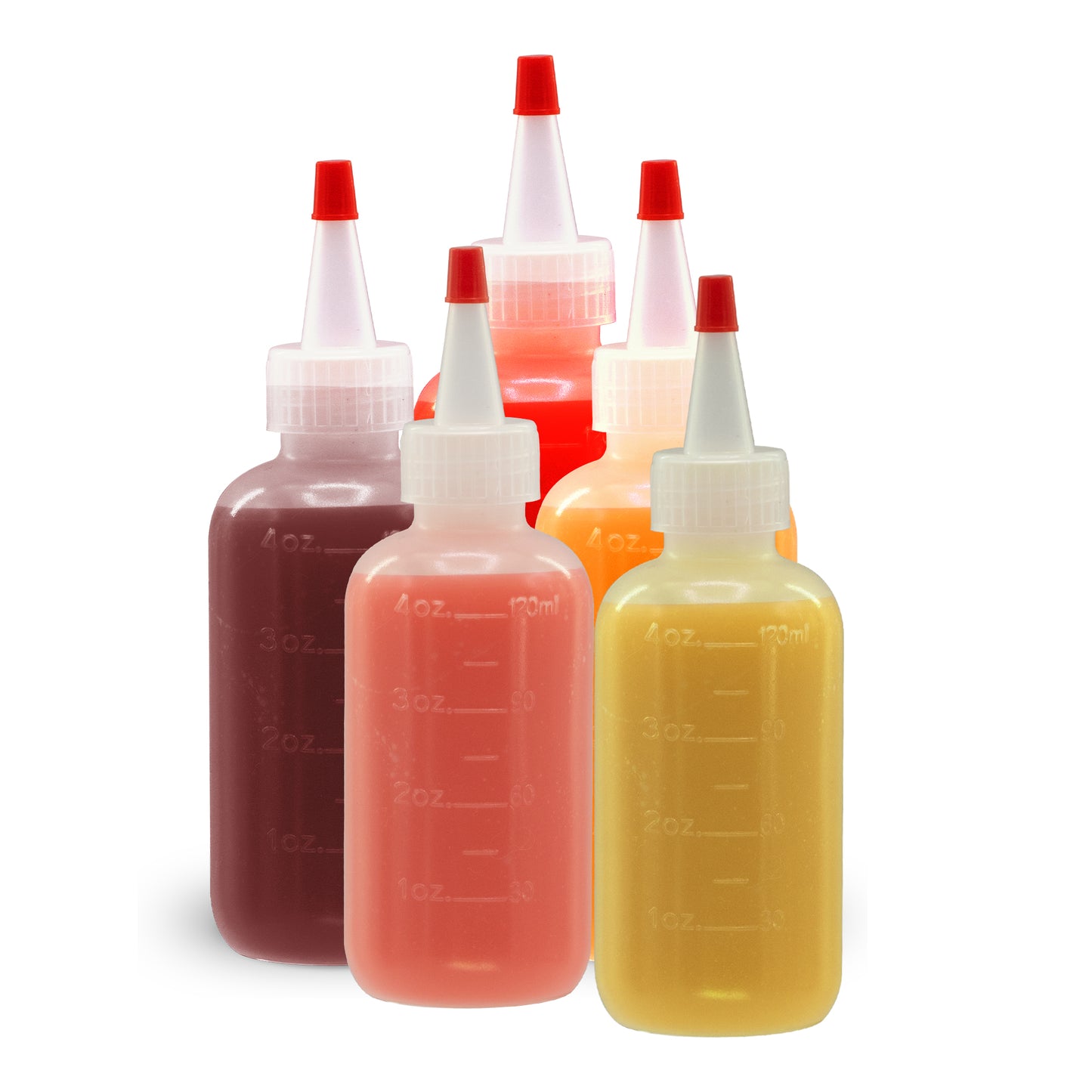 12 pack of 4oz (120mL) Plastic Boston Round Squeeze Bottles + Yorker Caps LDPE