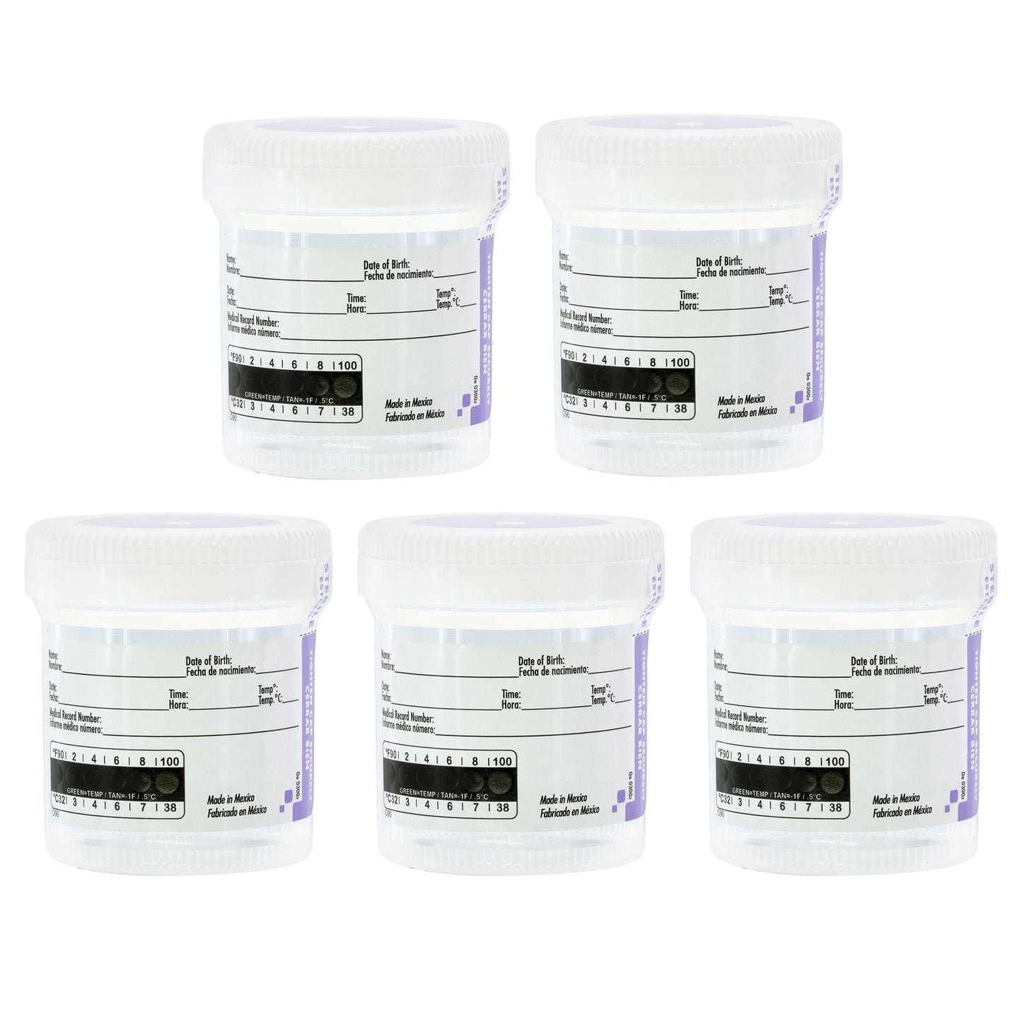 Lakeshore Trade Quality Sterile Specimen Cups, Screw-on Cap, Temperature Strip with Tamper Evident Seal, 3oz/90ml - 5PK