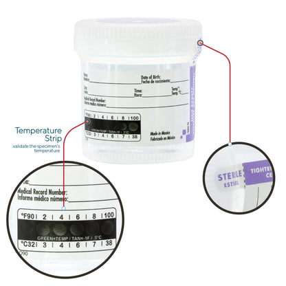 Lakeshore Trade Quality Sterile Specimen Cups, Screw-on Cap, Temperature Strip with Tamper Evident Seal, 3oz/90ml - 5PK